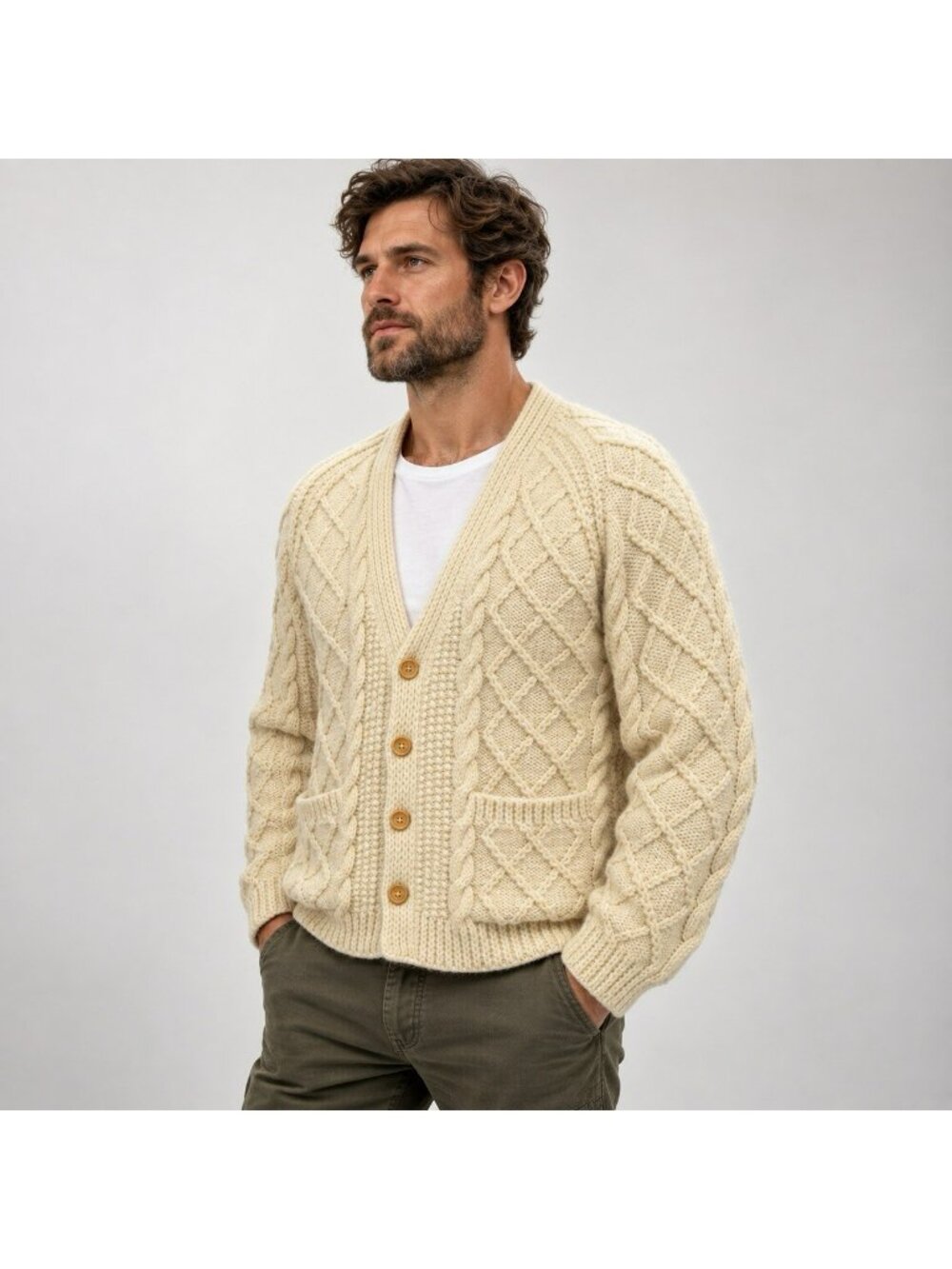 VTG Handknit Wool Cardigan Sweater Fisherman Cableknit Cream Mens Size Large